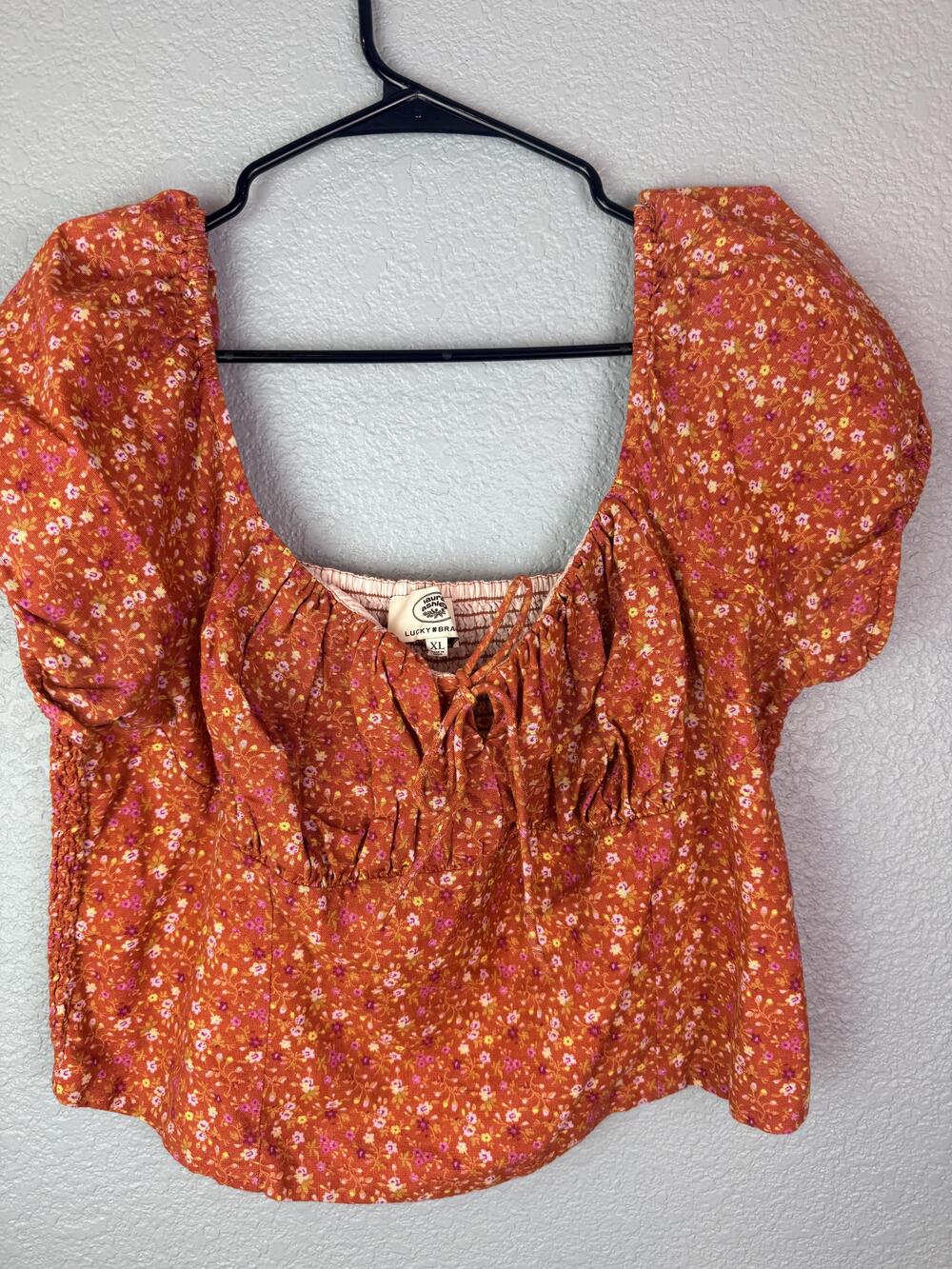 Lucky Brand Laura Ashley Top Womens XL Orange Floral Smocked Crop Puff Sleeve